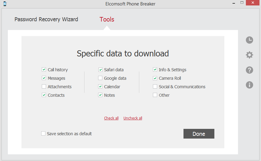 Checked data for iCloud