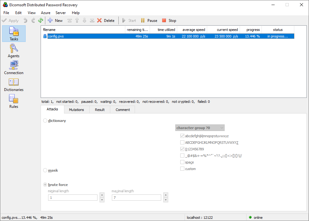 Elcomsoft Distributed Password Recovery. Brute-force attack in progress.