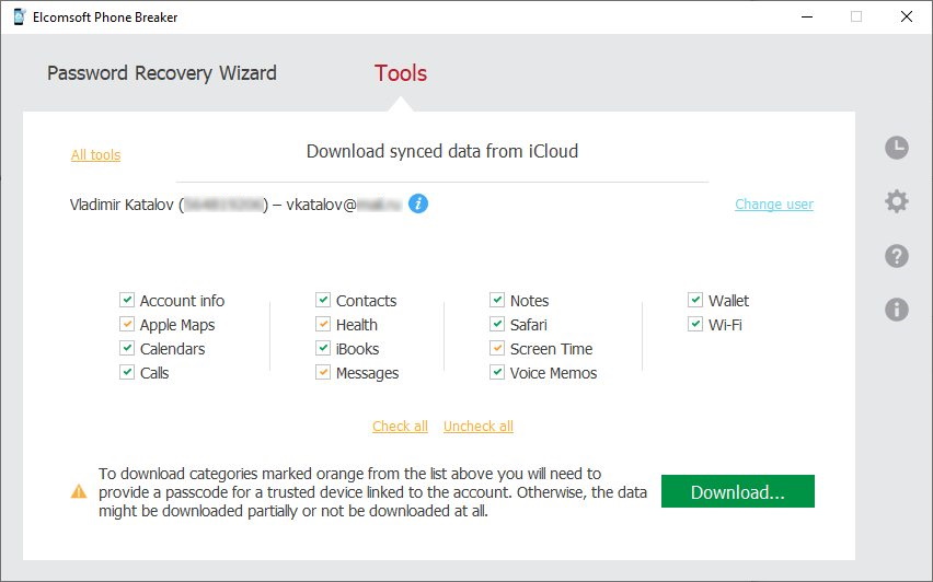 Elcomsoft Phone Breaker: download synced data from iCloud